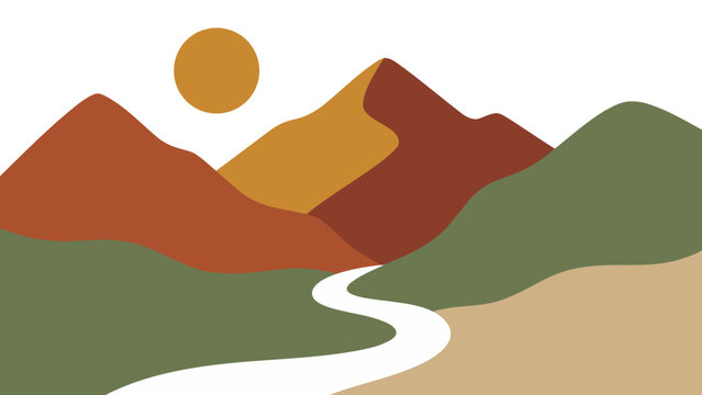 Abstract Mountain Landscape with Sun and River.