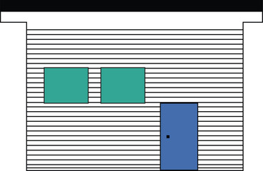 flat vector illustration of a modern house facade with blue door and teal windows isolated on white background