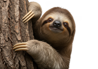 Adorable sloth hanging from tree trunk with long claws