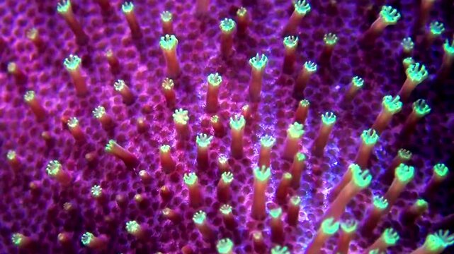 extreme close up of neon green coral polyps on a purple reef structure