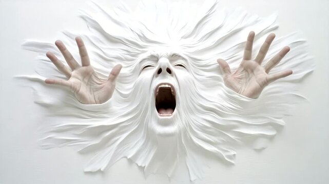 Sculptural artwork depicting a face with hands emerging from a white wall, expressing emotion and movement in a large installation