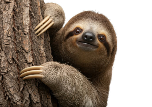 Adorable sloth hanging from tree trunk with long claws