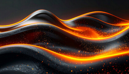 Obraz premium Abstract Dark Waves with Glowing Orange Energy and Glittering Particles image photo
