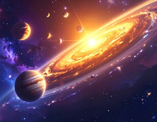 Spectacular cosmic scene, nebula encircling a bright star and planets