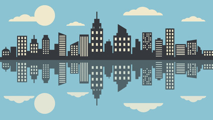 Obraz premium Stylized City Skyline and Reflection Over Water.