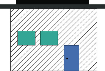 modern flat house illustration with patterned facade blue door and green windows