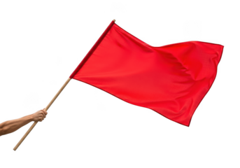 Person holding red flag on transparent background symbolizing protest or warning