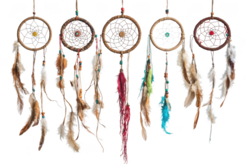 Vibrant dreamcatchers with colorful feathers and beads on transparent background