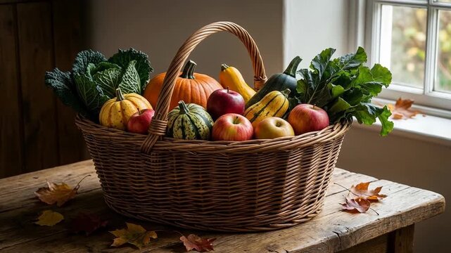 Harvest basket with apples pumpkin squash kale and fresh autumn vegetables rustic wooden table near window showcasing ancestral approach to health