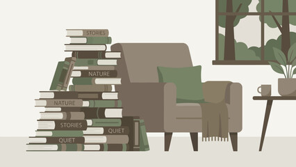 Fototapeta premium Stacks of books beside a comfortable reading chair in a quiet room.