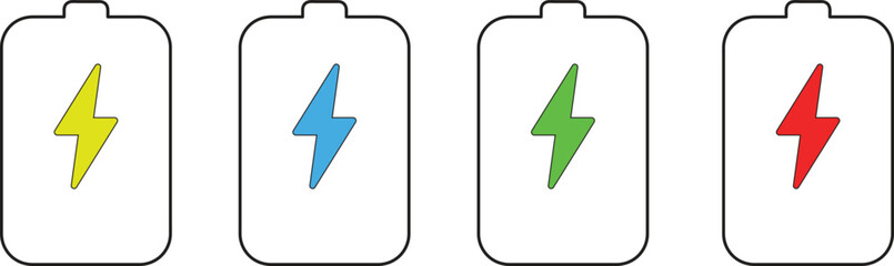 set of battery charging icons with colorful lightning bolt symbols inside white outlines