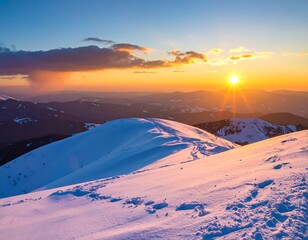 Snowy mountain landscape at dawn, with a vibrant sunrise