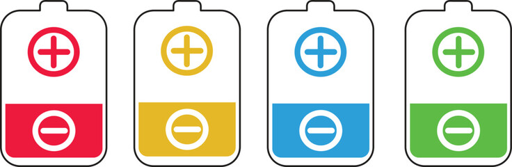 set of battery cell icons with plus and minus terminal symbols showing color coded energy levels