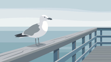 Seagull Standing on a Wooden Pier by the Sea.
