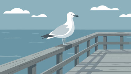 Obraz premium Seagull perched on wooden railing by the sea.