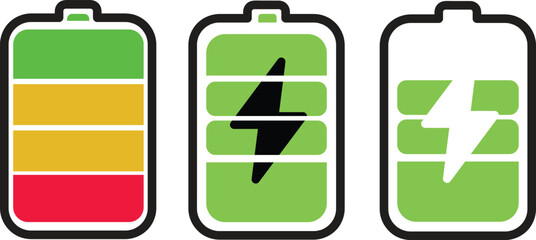 set of battery charging icons with lightning bolt symbols and color coded energy levels