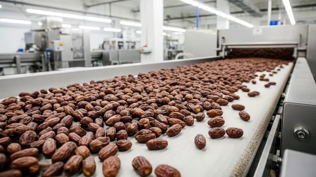 Dates processing in a food factory: conveyor belt with dates during sorting and processing