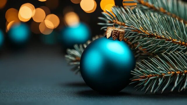 Decorative blue Christmas ornament placed next to pine branches with blurred lights in the background during the holiday season