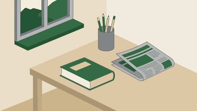 Desk with notebook and newspaper on table. - Powered by Adobe