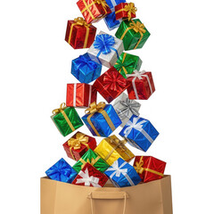 Colorful presents overflowing bag isolated transparent background