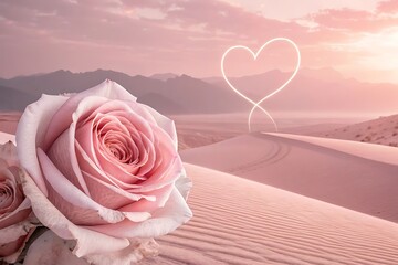 Pink rose and heart shape in desert landscape at sunrise