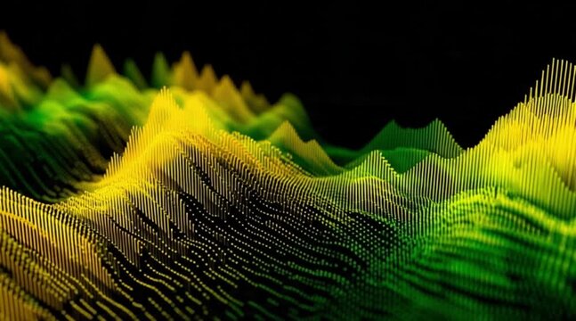 Vibrant digital landscape with dynamic yellow and green waveform patterns