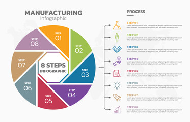 Visual data presentation. Cycle diagram with 8 options. Pie Chart Circle infographic template with 8 steps, options, parts, segments. Business concept. Marketing infographic vector illustration.