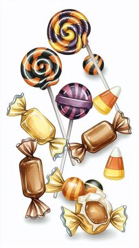 Assorted Halloween Candies and Lollipops in Orange Purple Black and White