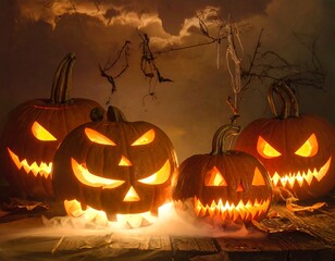 Spooky pumpkin lanterns glow against a stormy, smoky Halloween backdrop