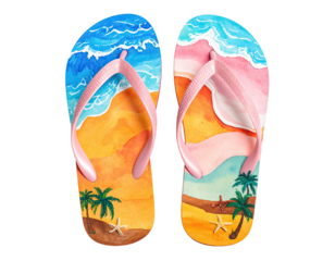 Beach-themed flip-flops with watercolor ocean, sand, and palm trees