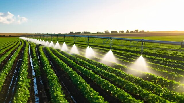 A vibrant agricultural scene showcases an irrigation system watering rows of lush green crops under the sun.