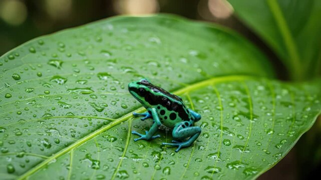 Vibrant poison dart frog resting on glistening tropical leaf after a refreshing rain shower