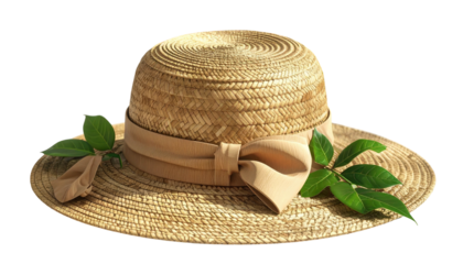 A woven sun hat with a bow and fresh green leaves, against black