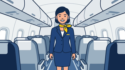 Flight Attendant Standing Inside Airplane Cabin During Service.