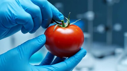 Scientific assessment of a fresh red tomato by gloved laboratory personnel ensuring food quality and agricultural standards in a modern research