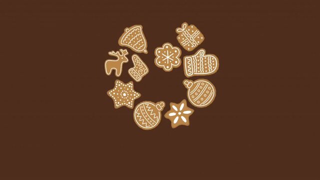 Christmas Cookies Animation. Gingerbread Cookies in Shape of Circle. Lettering Text Happy Holidays. Winter Holiday Sweets on Chocolate Background. Deer, Star, Flower, Gift, Glove, Sock, Ball, Bell. Ch