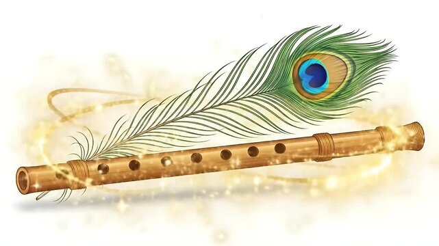 Bamboo Flute and Peacock Feather Gentle Light on White Background