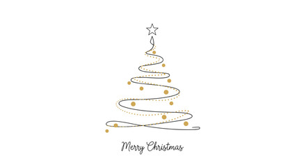 Elegant and minimalist Merry Christmas card featuring a Christmas tree drawn with a single continuous line, decorated with golden dots.
