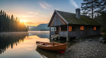Obraz premium Cozy Lakeside Cabin at Sunset with Boat.