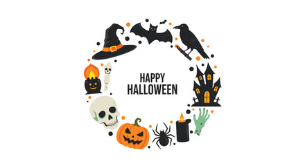 Obraz premium Circular frame of classic Halloween icons with 'Happy Halloween' text, featuring a pumpkin, skull, bat, and haunted house.