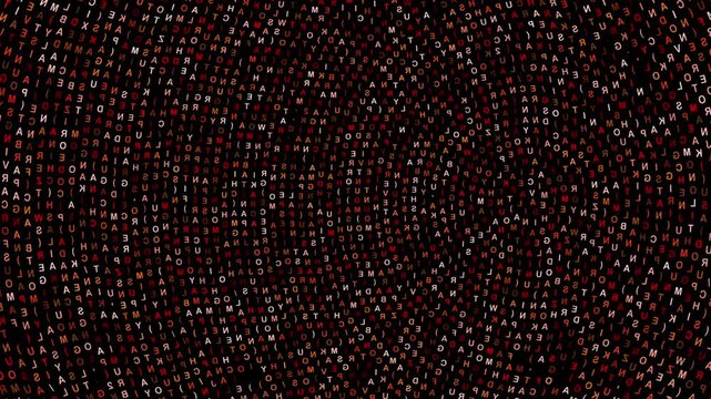 A dense, spherical arrangement of red and orange alphanumeric characters spinning and shifting, reminiscent of a circular "Matrix" digital rain.