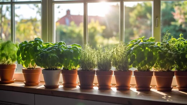 A row of potted herbs sits on a windowsill, illuminated by bright sunlight filtering through the window.