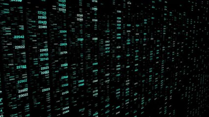 A dynamic digital display of cascading green and teal numerical data points moving through a 3D perspective, resembling a high-speed mainframe or stock market ticker. - Powered by Adobe
