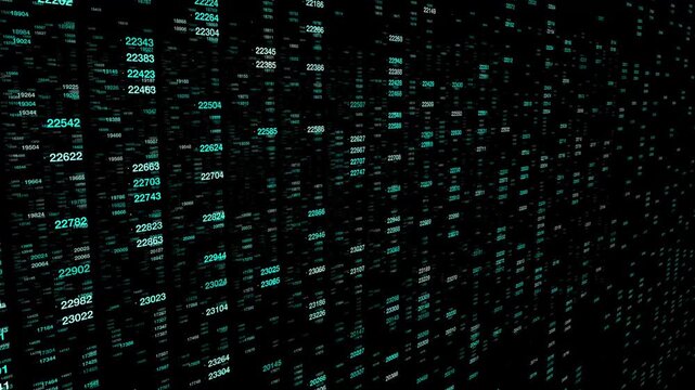 A dynamic digital display of cascading green and teal numerical data points moving through a 3D perspective, resembling a high-speed mainframe or stock market ticker.