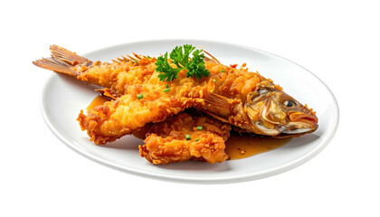 Crispy fried fish on white plate, garnished with parsley