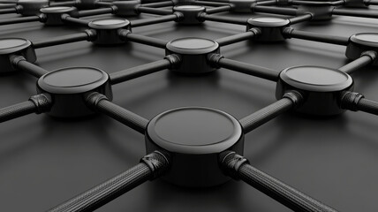 Modern minimalist design with interlocking black circles and connecting rods, abstract network