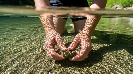 Hands Holding Pebbles Underwater in River.