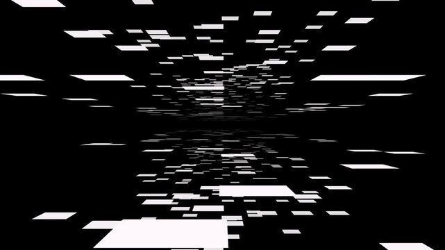 A high-speed journey through a monochromatic landscape of white rectangular planes floating in a black void, creating a sense of rapid forward motion through digital "paper."