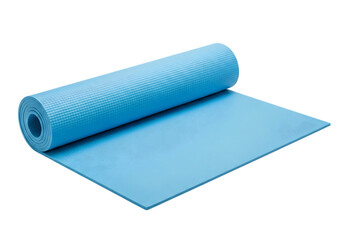 Blue yoga mat rolled and unrolled, isolated on transparent background
