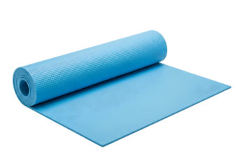 Blue yoga mat rolled and unrolled, isolated on transparent background